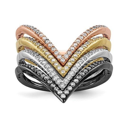 Sterling Silver Rhodium and Black-plate, Gold and Rose-tone CZ 4 Ring Set, Sizes 6-8