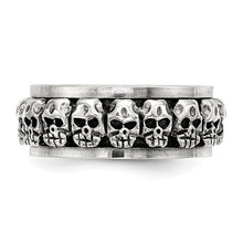 Load image into Gallery viewer, Sterling Silver Polished Spinning Center Antiqued Skull Ring, Size 9-11
