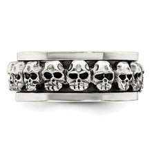 Load image into Gallery viewer, Sterling Silver Polished Spinning Center Antiqued Skull Ring, Size 9-11
