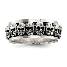 Load image into Gallery viewer, Sterling Silver Polished Spinning Center Antiqued Skull Ring, Size 9-11
