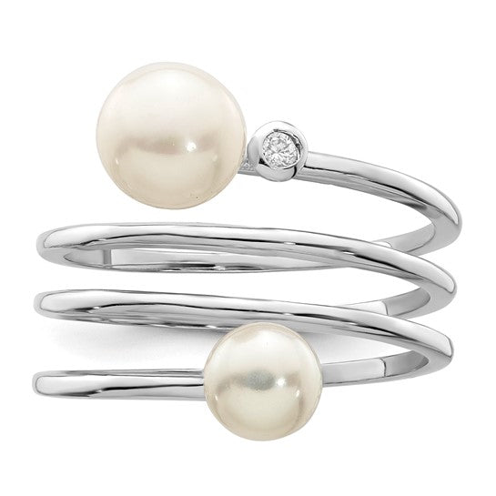 Sterling Silver Rhodium-plated 5-7mm White Button Fresh Water Cultured Pearl CZ Adj. Ring