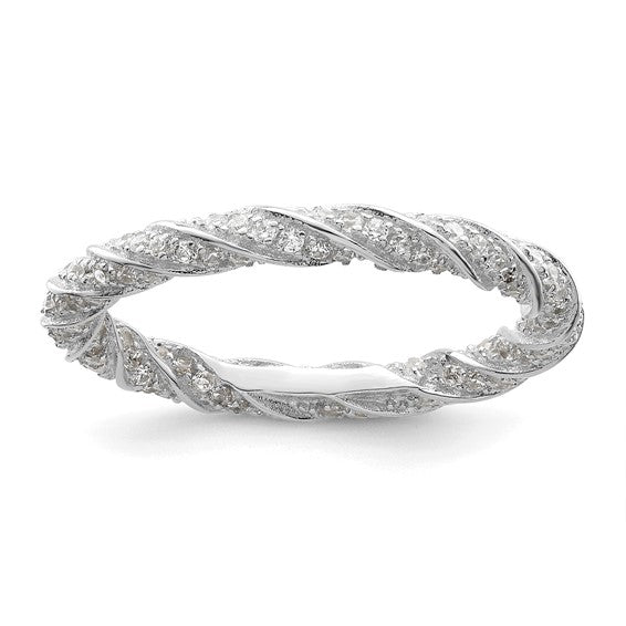 Sterling Silver Polished Rhodium-plated CZ Twisted Eternity Band, Size 7
