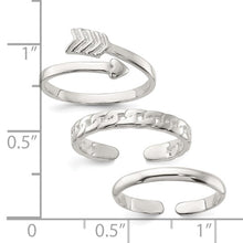 Load image into Gallery viewer, Sterling Silver Polished Arrow with Chain Link/Plain Set of 3 Toe Rings
