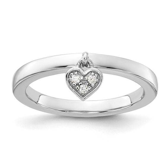 Sterling Silver Rhodium Plated Natural Diamond Heart Dangle Stackable Ring, Sizes 5-8