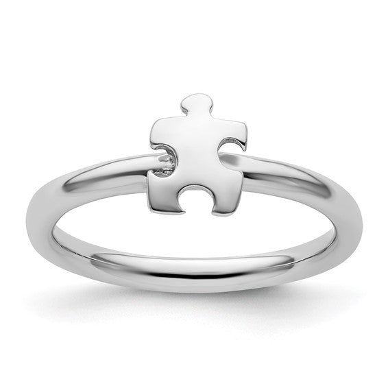 Sterling Silver Stackable Exp. Rhodium-plated Awareness Puzzle Piece Ring, Sizes 5-8