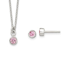 Load image into Gallery viewer, Sterling Silver Polished Pink Bezel Set CZ Children&#39;s 14&quot; Necklace and Stud Earrings Set
