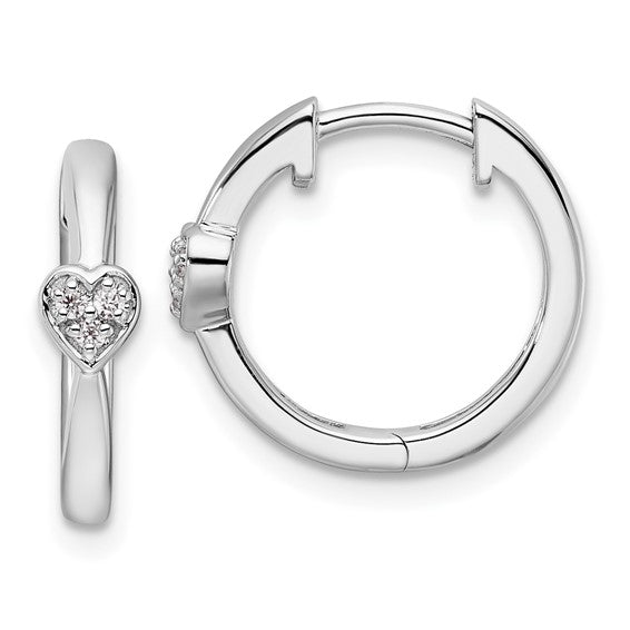 Sterling Silver Rhodium-plated Diamond Heart Hinged Hoop Earrings