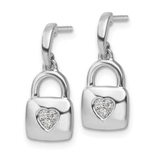 Load image into Gallery viewer, Sterling Silver Rhodium-plated Diamond Heart Lock Dangle Post Earrings
