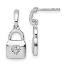 Load image into Gallery viewer, Sterling Silver Rhodium-plated Diamond Heart Lock Dangle Post Earrings
