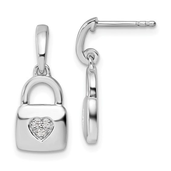 Sterling Silver Rhodium-plated Diamond Heart Lock Dangle Post Earrings