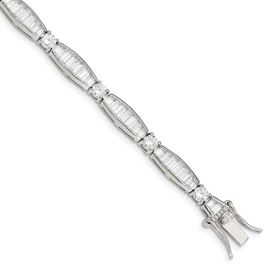 Sterling Silver Rhodium-plated Baguette and Round CZ 7