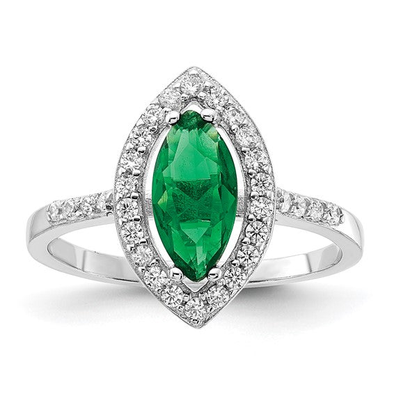 Sterling Silver Rhodium-plated Green and Clear CZ Ring, Size 7