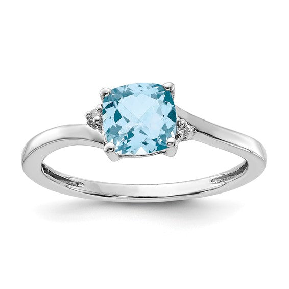 Sterling Silver Checkerboard Aquamarine and Natural Diamond Ring, Size 7