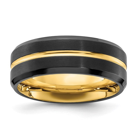 Chisel Stainless Steel Brushed and Polished Black and Yellow IP-plated 8mm Band - Size 10