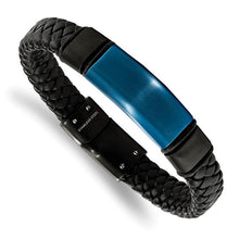 Load image into Gallery viewer, Chisel Stainless Steel Polished Black and Blue IP-plated Braided Black Leather with Silicone 8.25 inch ID Bracelet
