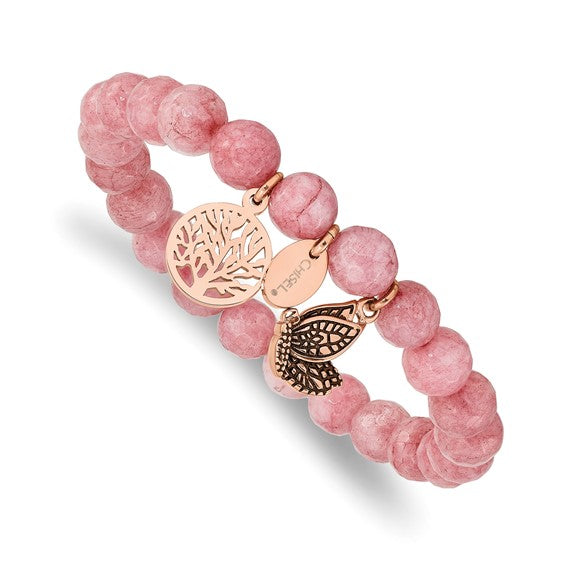 Chisel Stainless Steel Antiqued and Polished Rose IP-plated Dyed Jade Beaded Stretch Bracelet In Multiple Colors