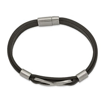 Load image into Gallery viewer, Chisel Stainless Steel Brushed and Polished Infinity Symbol Black Leather 8&quot; Bracelet
