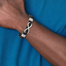 Load image into Gallery viewer, Chisel Stainless Steel Brushed and Polished Infinity Symbol Black Leather 8&quot; Bracelet
