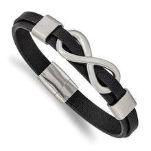 Load image into Gallery viewer, Chisel Stainless Steel Brushed and Polished Infinity Symbol Black Leather 8&quot; Bracelet
