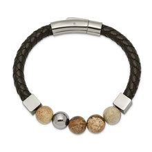 Load image into Gallery viewer, Chisel Stainless Steel Polished with Brown Jasper Beads Black Leather 8&quot; Bracelet
