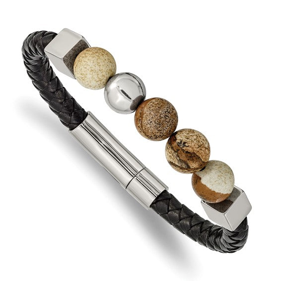 Chisel Stainless Steel Polished with Brown Jasper Beads Black Leather 8