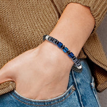 Load image into Gallery viewer, Chisel Stainless Steel Polished Blue-plated Onyx and Hematite Beaded Black Leather 8 inch Plus .5&quot; Extension Bracelet
