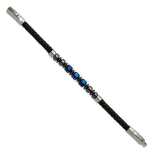 Load image into Gallery viewer, Chisel Stainless Steel Polished Blue-plated Onyx and Hematite Beaded Black Leather 8 inch Plus .5&quot; Extension Bracelet
