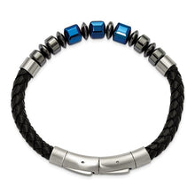 Load image into Gallery viewer, Chisel Stainless Steel Polished Blue-plated Onyx and Hematite Beaded Black Leather 8 inch Plus .5&quot; Extension Bracelet
