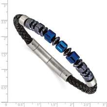 Load image into Gallery viewer, Chisel Stainless Steel Polished Blue-plated Onyx and Hematite Beaded Black Leather 8 inch Plus .5&quot; Extension Bracelet
