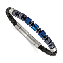 Load image into Gallery viewer, Chisel Stainless Steel Polished Blue-plated Onyx and Hematite Beaded Black Leather 8 inch Plus .5&quot; Extension Bracelet
