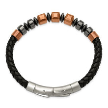 Load image into Gallery viewer, Chisel Stainless Steel Polished Hematite Brown-plated Beaded Black Leather 8 inch Plus .5&quot; Extension Bracelet
