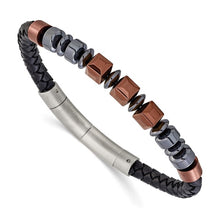 Load image into Gallery viewer, Chisel Stainless Steel Polished Hematite Brown-plated Beaded Black Leather 8 inch Plus .5&quot; Extension Bracelet
