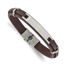 Load image into Gallery viewer, Stainless Steel Brushed Brown Leather 8.5in ID Bracelet
