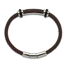 Load image into Gallery viewer, Stainless Steel Polished Brown Leather 8in + .5in Bracelet
