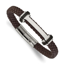 Load image into Gallery viewer, Stainless Steel Polished Brown Leather 8in + .5in Bracelet
