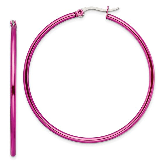 Chisel Stainless Steel Polished Pink IP-plated 48mm Diameter 2mm Hoop Earrings