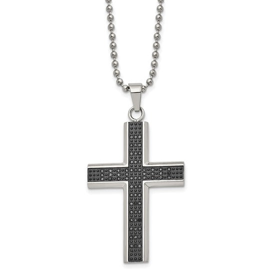 Chisel Stainless Steel Polished with Black Rhodium 1/2ct Black Diamond Cross Pendant on a 24