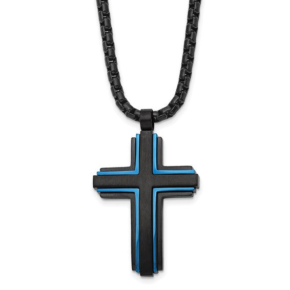Chisel Stainless Steel Brushed and Polished Black and Blue IP-plated Cross Pendant on a 24