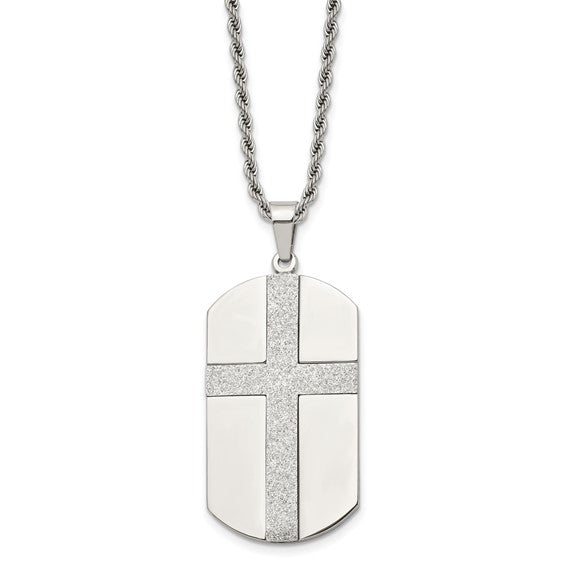 Chisel Stainless Steel Polished Laser Cut Cross Dog Tag on a 24