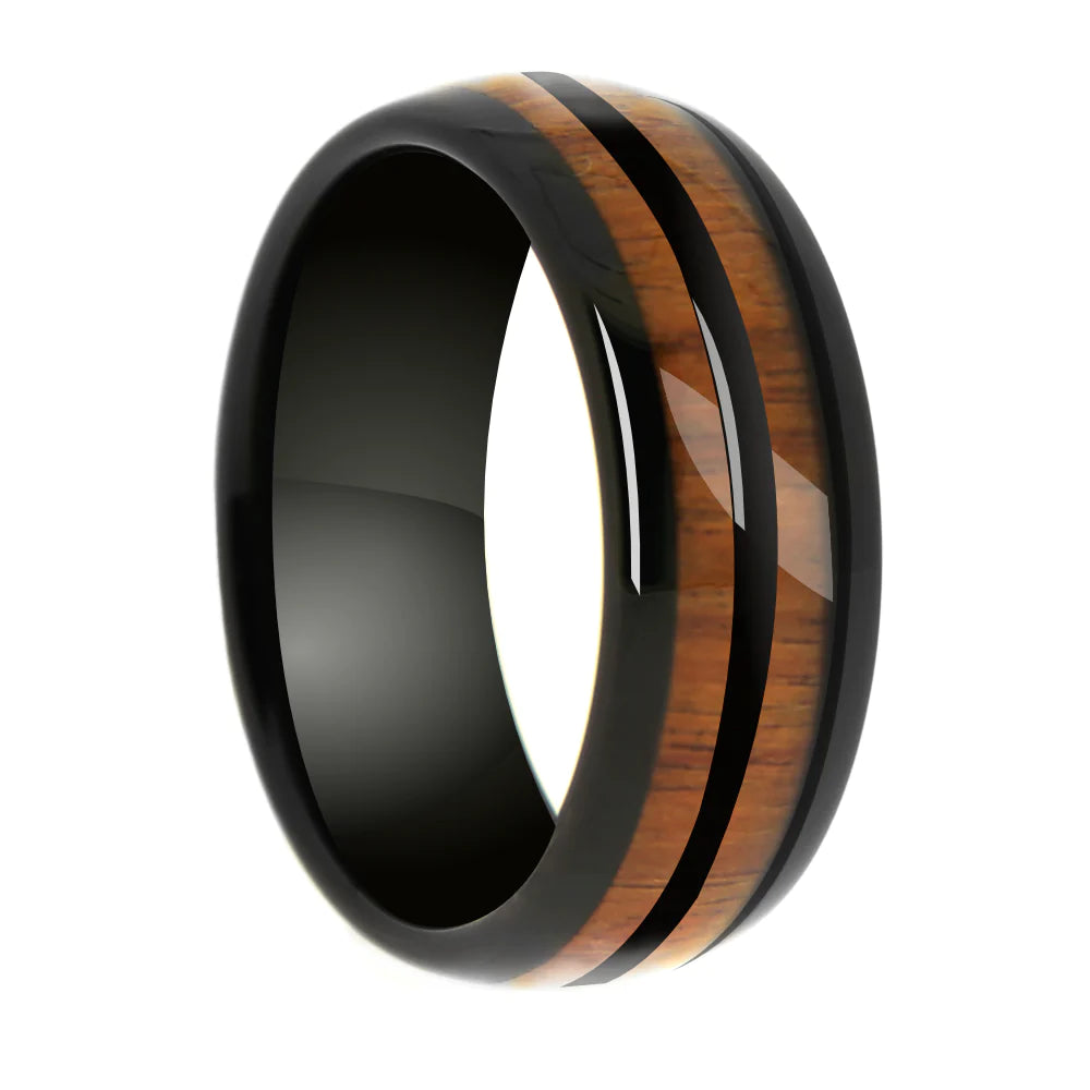 8mm Black Tungsten Band with Double Whiskey Barrel Wood Inlay - Sizes 8-13