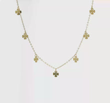 Load and play video in Gallery viewer, 14K Yellow Gold Seven Dangle 4 Leaf Clovers  with 2&quot; ext. 16-18&quot; Necklace
