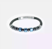 Load and play video in Gallery viewer, Chisel Stainless Steel Polished Blue-plated Onyx and Hematite Beaded Black Leather 8 inch Plus .5&quot; Extension Bracelet
