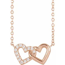 Load image into Gallery viewer, 14k Gold .05cttw Natural Diamond Petite Double Interlocking Heart 16-18&quot; Necklace In Multiple Colors
