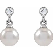 Load image into Gallery viewer, 14k Gold Cultured White Akoya Pearl &amp; .06cttw Natural Diamond Earrings In Multiple Colors
