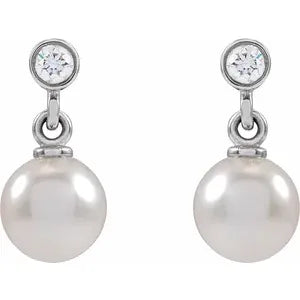 14k Gold Cultured White Akoya Pearl & .06cttw Natural Diamond Earrings In Multiple Colors