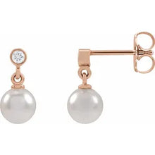 Load image into Gallery viewer, 14k Gold Cultured White Akoya Pearl &amp; .06cttw Natural Diamond Earrings In Multiple Colors
