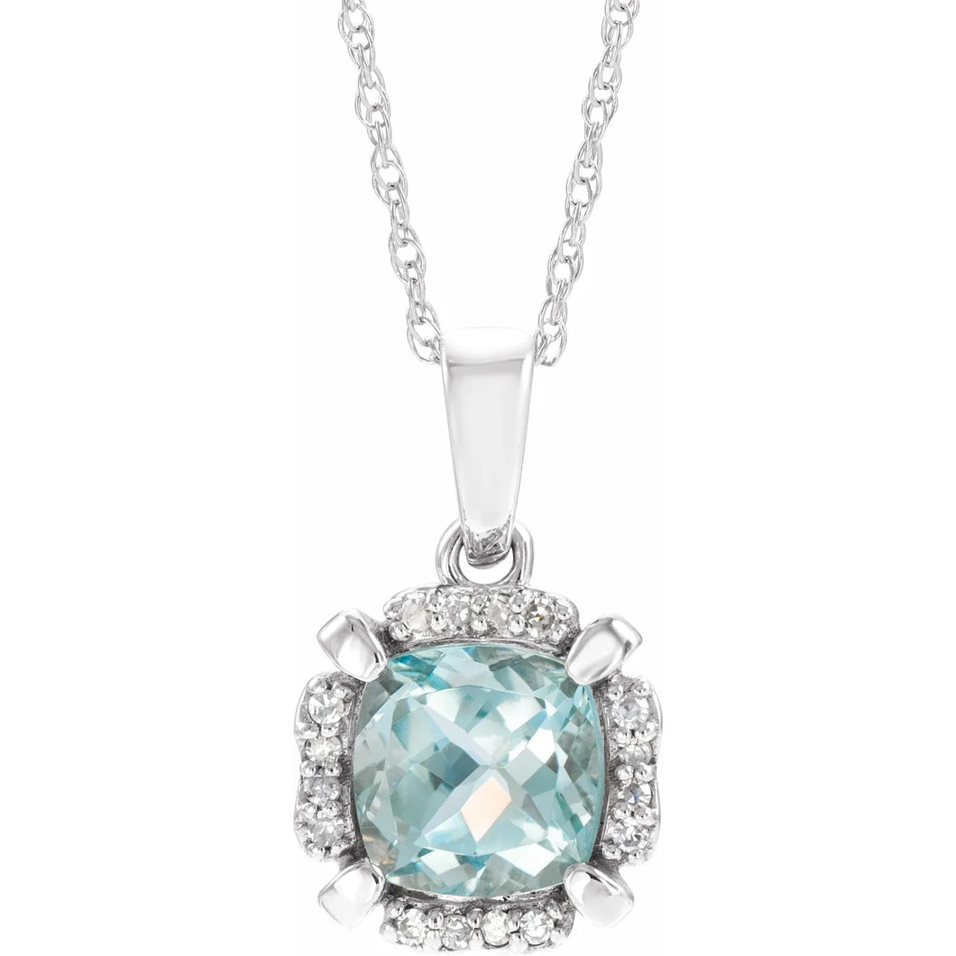 14K White Gold Natural Aquamarine & .05cttw Natural Diamond 18