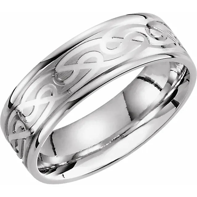 14K White Gold 7mm Celtic-Inspired Grooved Band - Size 10