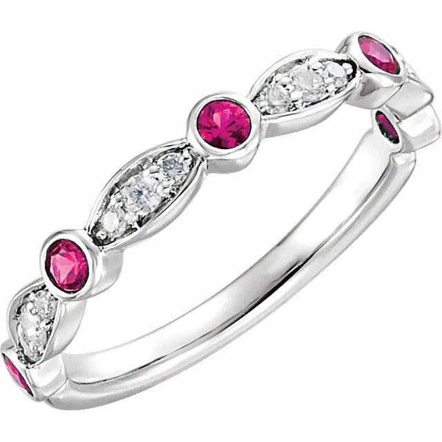 14K White Gold Natural Emerald, Ruby or Sapphire & 1/6cttw Natural Diamond Ring - Sizes 6-8