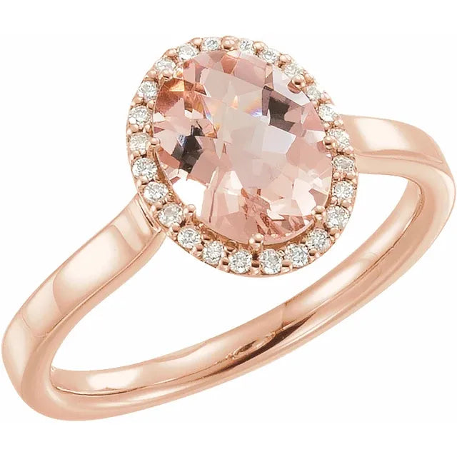 14K Rose Gold Oval Natural Morganite & 1/8cttw Natural Diamond Ring - Sizes 6-8